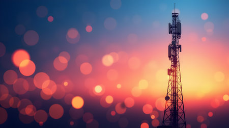 A vivid image of a telecommunications tower against a blue background, Photo Illustration Image Picture Photographyの写真素材
