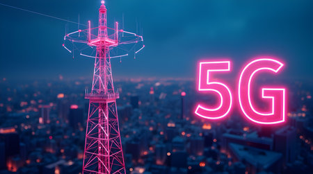 A futuristic 5g communication tower with glowing signal waves and city skyline representing, Photo Illustration Image Picture Photographyの写真素材