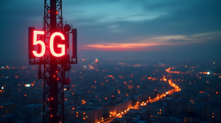 A 5G Telecommunication Tower with Smart City Network Connections, Photo Illustration Image Picture Photographyの写真素材