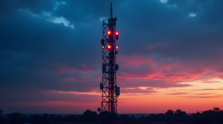 A 4G and 5G cellular telecommunication tower, glowing digita technology, Photo Illustration Image Picture Photographyの写真素材