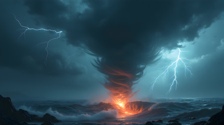 A massive tornado is swirling out of the ocean under a stormy sky with lightning and rain, Photo Image Picture Photography Wallpaper Backgroundsの写真素材