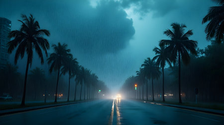 A storm with lightnings on a city street with palms.の写真素材