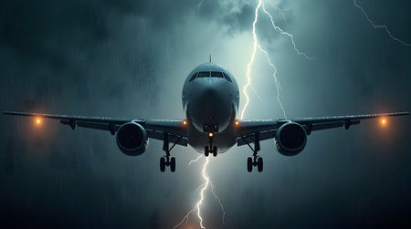 A airplane in flight, commercial airplane flying through a thunderstorm with lightningの写真素材