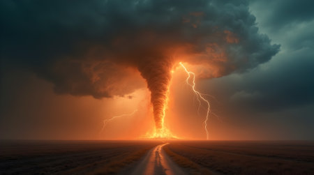 A fiery tornado blazes with intense light through a stormy night, Photo Image Picture Photography Wallpaper Backgroundsの写真素材