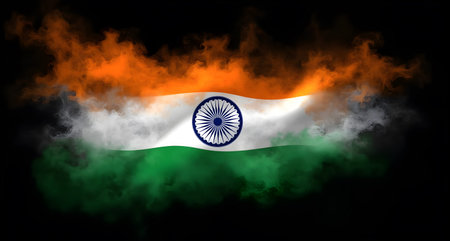 An Indian flag waving dynamically against a dark background.