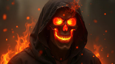 A Fiery Skull Guardian A Grim Reapers Embrace Amidst Blazing Inferno and Dark Hooded Enigma, Motion...