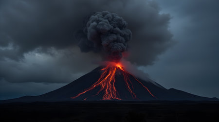 A Dramatic volcanic eruption spewing fiery lava and thick ash clouds into,の写真素材