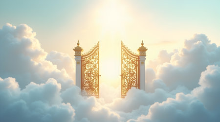 A Ornate golden gates opening into a serene cloudscape, evoking a sense of hope and tranquility, Photo Image Picture Photographyの写真素材