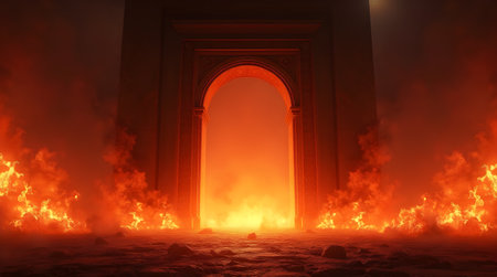 An eerie gate with smoke and flame, Photo Image Picture Photography Wallpaper Backgroundsの写真素材