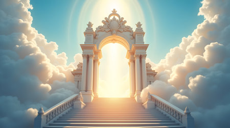 A Stairs leading to the gates of heaven amid clouds, Photo Image Picture Photography Wallpaper Backgroundsの写真素材