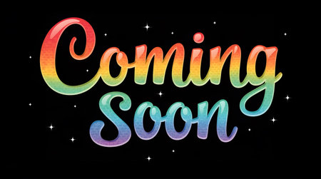 A Coming soon colorful calligraphic shiny smooth lettering on plain black background, Photo Illustration Image Pictureの写真素材