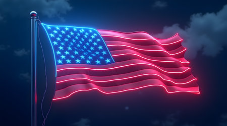 A glowing neon American flag with red and blue lights against a dark background. Independence Day, United States, America, American, USAの写真素材