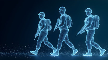 A Three holographic soldiers march in formation, depicted in glimmering blue light futuristic, Photo Image Picture Photographyの写真素材