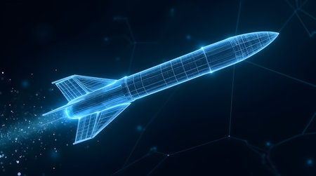 A 3D wireframe missile model, digital technology representation, futuristic design, blue glowing linesの写真素材