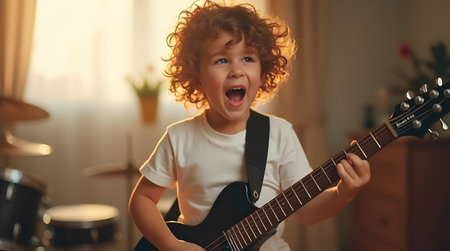 An enthusiastic child with wild hair passionately playing an electric guitar, mouth wide open in excitement, Photo Image Pictureの写真素材