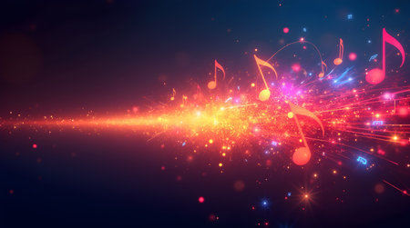 A Abstract digital music background with glowing neon musical notes and light trails, Photo Image Pictureの写真素材
