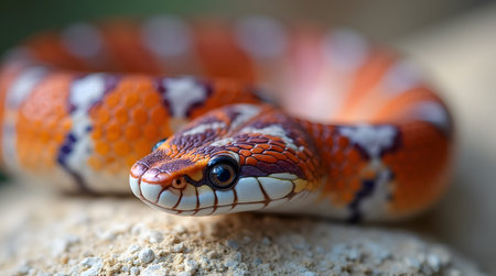 A close up of a venomous snake flicking its tongue in a jungle.