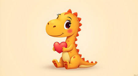 A Cartoon dinosaur holds a red heart. Valentine's Day.の写真素材