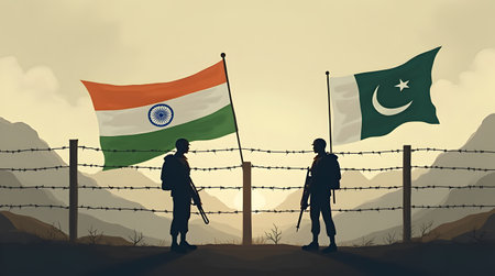 A Map India Pakistan War Border Attack Weapon Nuclear Indian VS Pakistani Battle, silhouetted soldiers, and a barbed wire fence emphasizing the ongoing tensionの写真素材