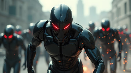 A Futuristic Robots Advancing in Battle Scene with Explosions, War Weapon Attack Battle Army Warrior Fight Gun Photo Illustration Image Pictureの写真素材