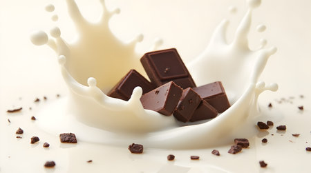 A Chocolate Splash With Chocolate Pieces Floating In Milkの写真素材