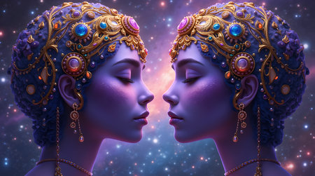 A Celestial Twins A Cosmic Reflection, Nebula's Embrace: The Serene Sisters, Guardians of the Galaxy A Mirrored Majesty, Whispers of the Void Twin Divinitiesの写真素材