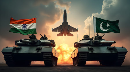 Military standoff with tanks, jets, and national flags