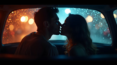 A shows a husband and wife kissing in a carの写真素材