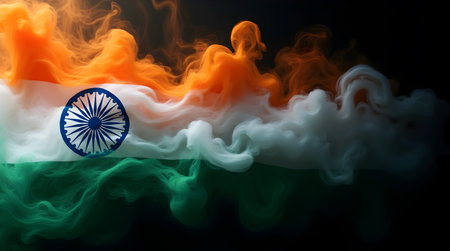 A Vibrant Indian flag Made From Stirling Clouds Of Orange, White, Green Smoke On Dark Backgrounds