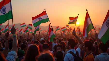 A India Independent Day, Republic Day Fastival, Celebration Indian Flags At Sunset Crowd Gathered Outdoors, Photo Illustration Image Picture Photography Wallpaper Backgroundsの写真素材
