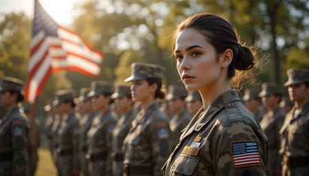A American Happy Independence Day, US Female Soldiers In Uniform Standing In Formation With American Flag, Memorial Day, Veterans Day, America Independent Day, United States Flag, USAの写真素材