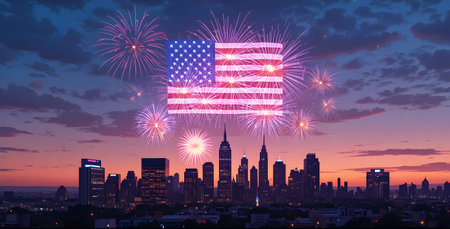 A Fireworks Spectacle Over City American Flag Boldly Emblazoned In The Spectacle, America Happy...