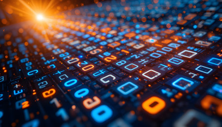 A Binary Code Overlaying Blurred Background, Symbolizing Data Processing Digital Information Flow, Photo Illustration Image Picture Photographyの写真素材
