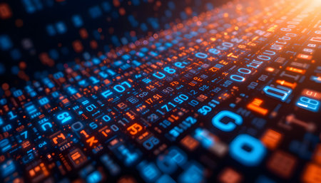 A Binary Code Overlaying Blurred Background, Symbolizing Data Processing Digital Information Flow,...