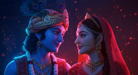 A Janmashtami, Mesmerizing digital artwork of Radha and Krishna sharing a divine, soulful moment of love and serenity. Set against a glowing, magical background, their gentle expressions reflect eternalの写真素材