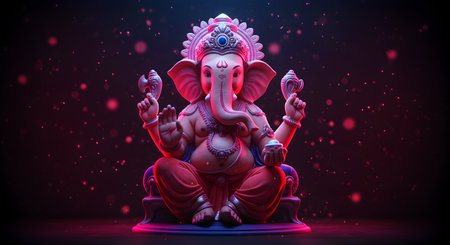 A Radiant Lord Ganesha Idol with Glowing Aura and Traditional Ornaments Divine Representation of Wisdom, Ganesh Chaturthi, Prosperity and Auspicious Beginnings Sacred Hindu God in a Mystical Lightの写真素材