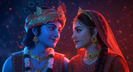 A Janmashtami, Mesmerizing digital artwork of Radha and Krishna sharing a divine, soulful moment of...