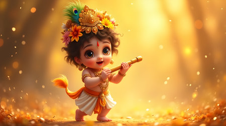 A Janmashtami, Charming baby Krishna adorned with a radiant floral crown and golden jewelry, joyfully holding a flute in a divine, golden forest glow. This enchanting image beautifully captures the playの写真素材