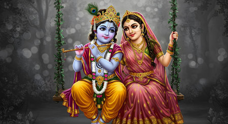 A Radha Krishna, Janmashtami, Beautiful depiction of Radha and Krishna sitting on a floral swing in a mystical forest, symbolizing eternal divine love and harmony. Krishna plays his flute while Radhaの写真素材