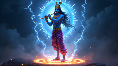 A Janmashtami, Radiant depiction of Lord Krishna standing in divine grace, playing the flute under a...