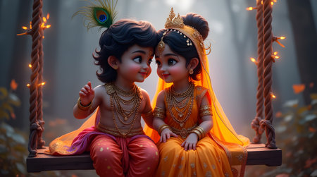 A Radha Krishna, Janmashtami, Divine childhood love of Lord Krishna and Radha portrayed in an enchanting fantasy forest setting, Dressed in traditional attire, their innocence, warmthの写真素材
