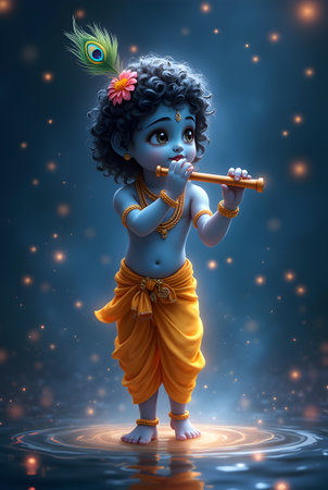 A Janmashtami, Charming Baby Krishna Playing Flute with Peacock Feather, Spiritual Indian God in Yellow Dhoti Standing in Celestial Glow Artistic Depiction of Hindu Deity in Devotional Form Peacefulの写真素材