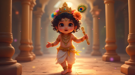 A Janmashtami, Adorable depiction of Little Krishna joyfully walking with a flute in hand, adorned with traditional ornaments and divine charm. a radiant temple background with magical sparklesの写真素材