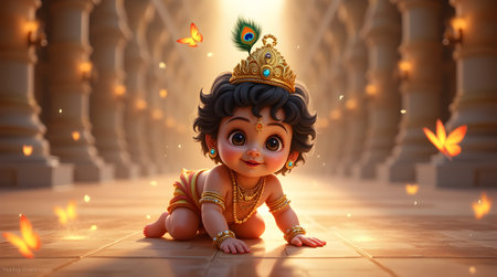 A Janmashtami, Adorable digital art of Baby Krishna joyfully crawling in a golden palace, adorned with intricate jewelry and a majestic crown with a peacock featherの写真素材