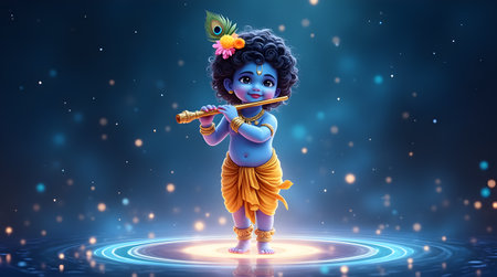 A Janmashtami, Charming Baby Krishna Playing Flute with Peacock Feather, Spiritual Indian God in Yellow Dhoti Standing in Celestial Glow Artistic Depiction of Hindu Deity in Devotional Form Peacefulの写真素材