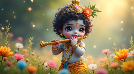 A Janmashtami, Charming baby Krishna standing in a vibrant flower field, adorned with a golden crown and holding a flute. His divine expression and sparkling eyes radiate innocence and peaceの写真素材