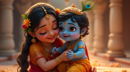 A Divine Bond of Baby Krishna and Mother, Janmashtami Festival Celebration, Cute Indian Mythology Art for Spiritual and Cultural Use, Photo Illustration Image Pictureの写真素材