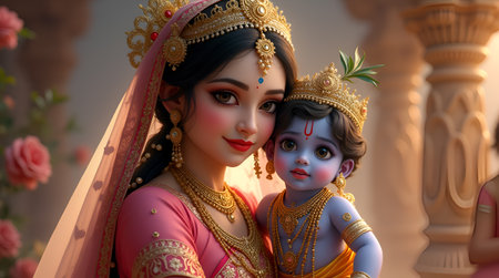 A Janmashtami, Divine Bond Yashoda Maa Holding Baby Krishna in Royal Attire Amid Temple Blossoms, Photo Illustration Image Picture Photographyの写真素材