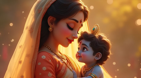 A Janmashtami, Mother Yashoda with Baby Krishna in Divine Embrace, Emotional Hindu Art Depicting...
