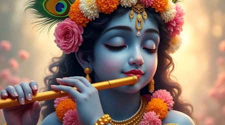 A Divine Lord Krishna Playing Flute, Spiritual Hindu God Portrait with Flowers and Peacock Feather...